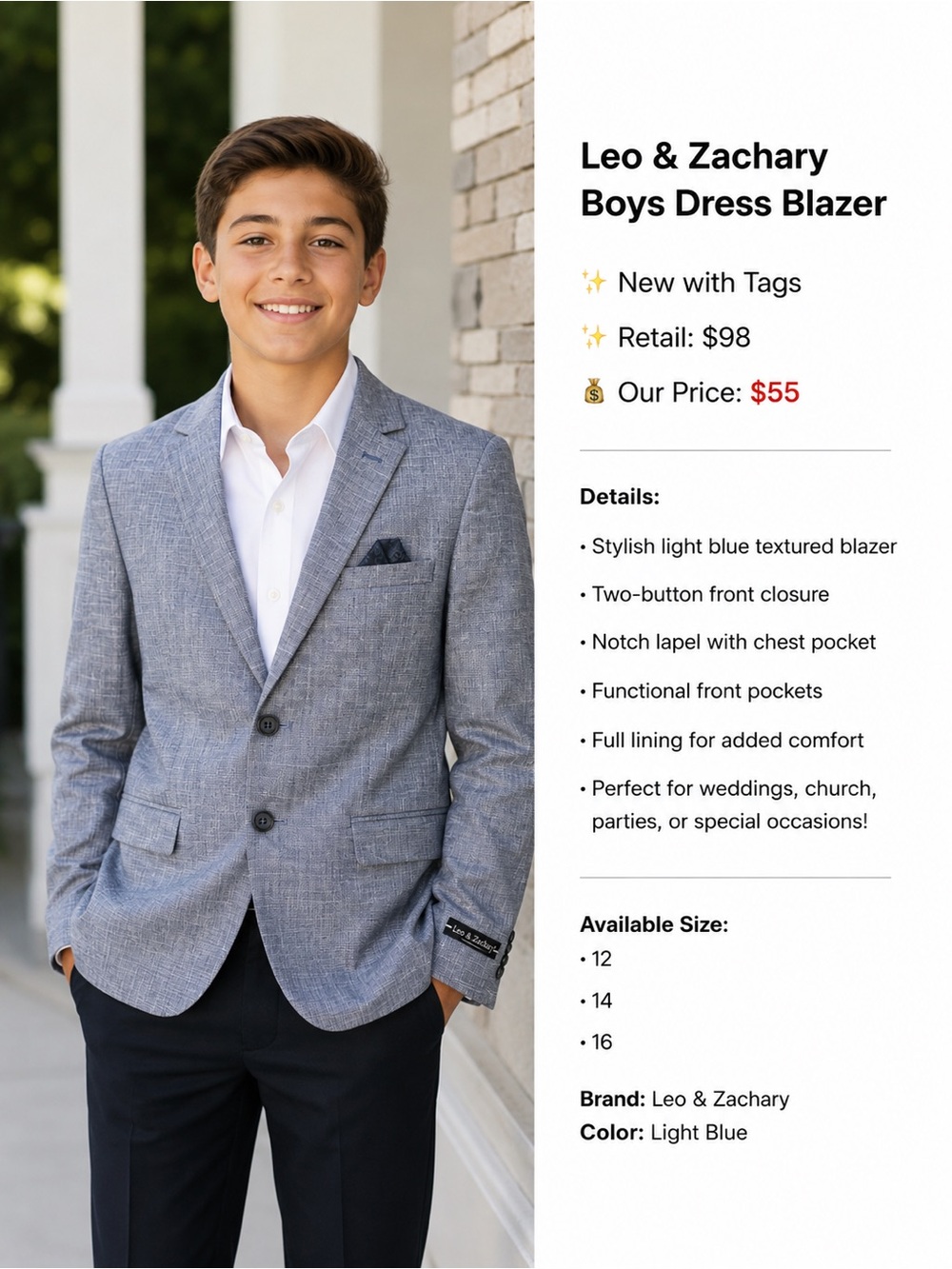 Light Blue Boys Dress Blazer - Classic Two-Button